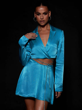 Two-Piece Set Crystal Chain Design Silky Satin Long-Sleeved Lapels Crop Top Mini Skirt Suit 2022 Autumn Winter