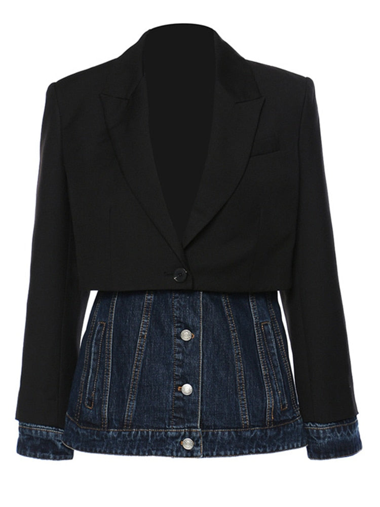 Black Denim Spliced Long Blazer New Lapel Long Sleeve Loose Fit Jacket Fashion