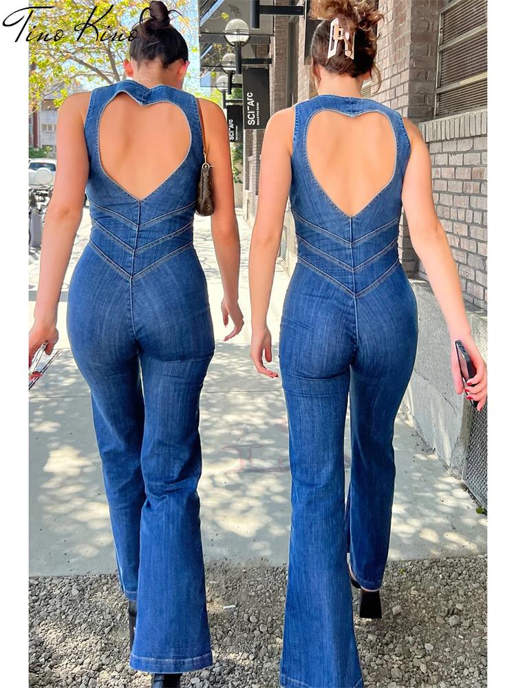 Blue Backless Heart Cutout Bodycon Jumpsuit For Women Summer Sleeveless Slim One-Piece Outfits