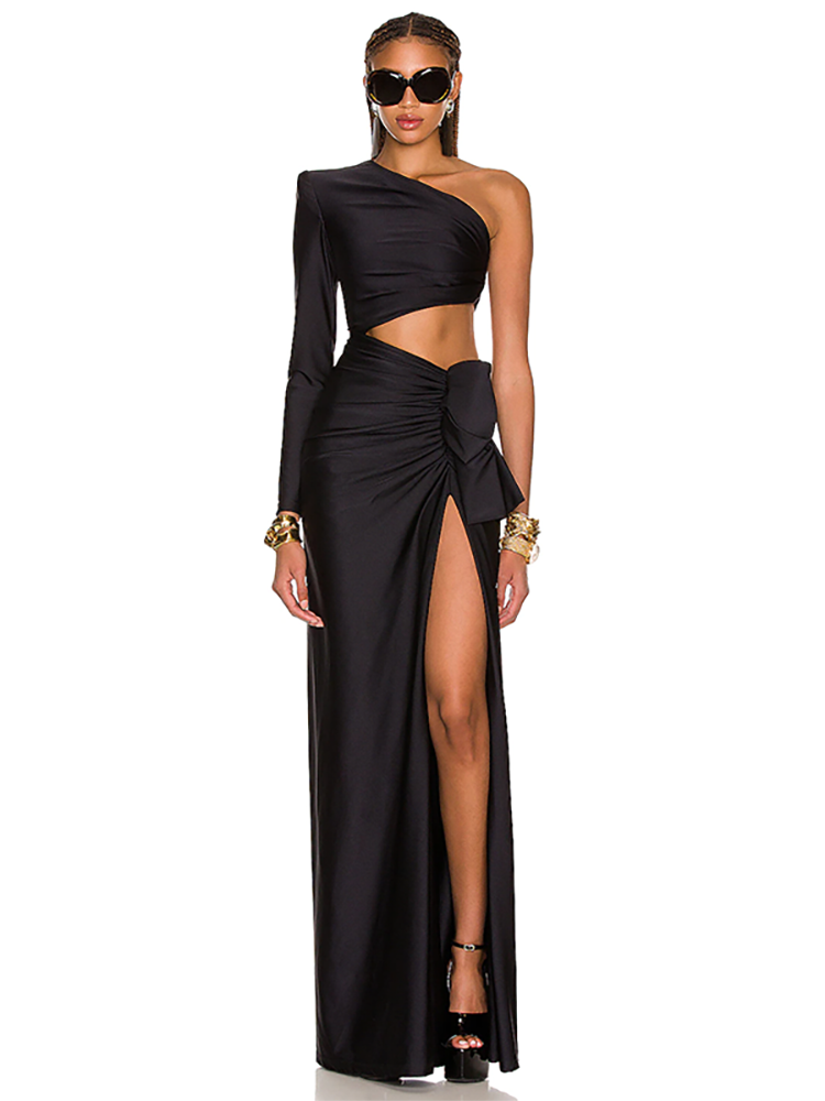 Sexy One Shoulder Long Sleeve Hollow out Long Dress Elegant Black Inclined Shoulder High Split Draped Maxi Dress Party Evening
