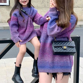 Mommy and Daughter Matching Clothes Long New Autumn Winter Super Beautiful Purple Sweater Design Sense Gentle Casual Sweater