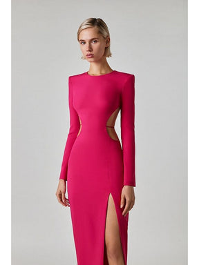 Sexy Hollow Out Long Sleeve Dress Backless Bandage Dress Elegant Rose Red O Neck Lace-up Backless  Party Club Evening Dress