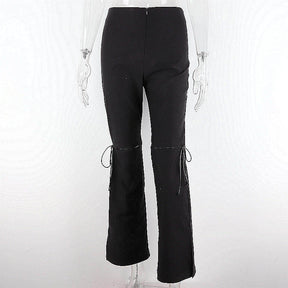 Black Lace Up Split Flare Pants Women Trousers Streetwear Fashion Sexy High Waisted Pants Indie