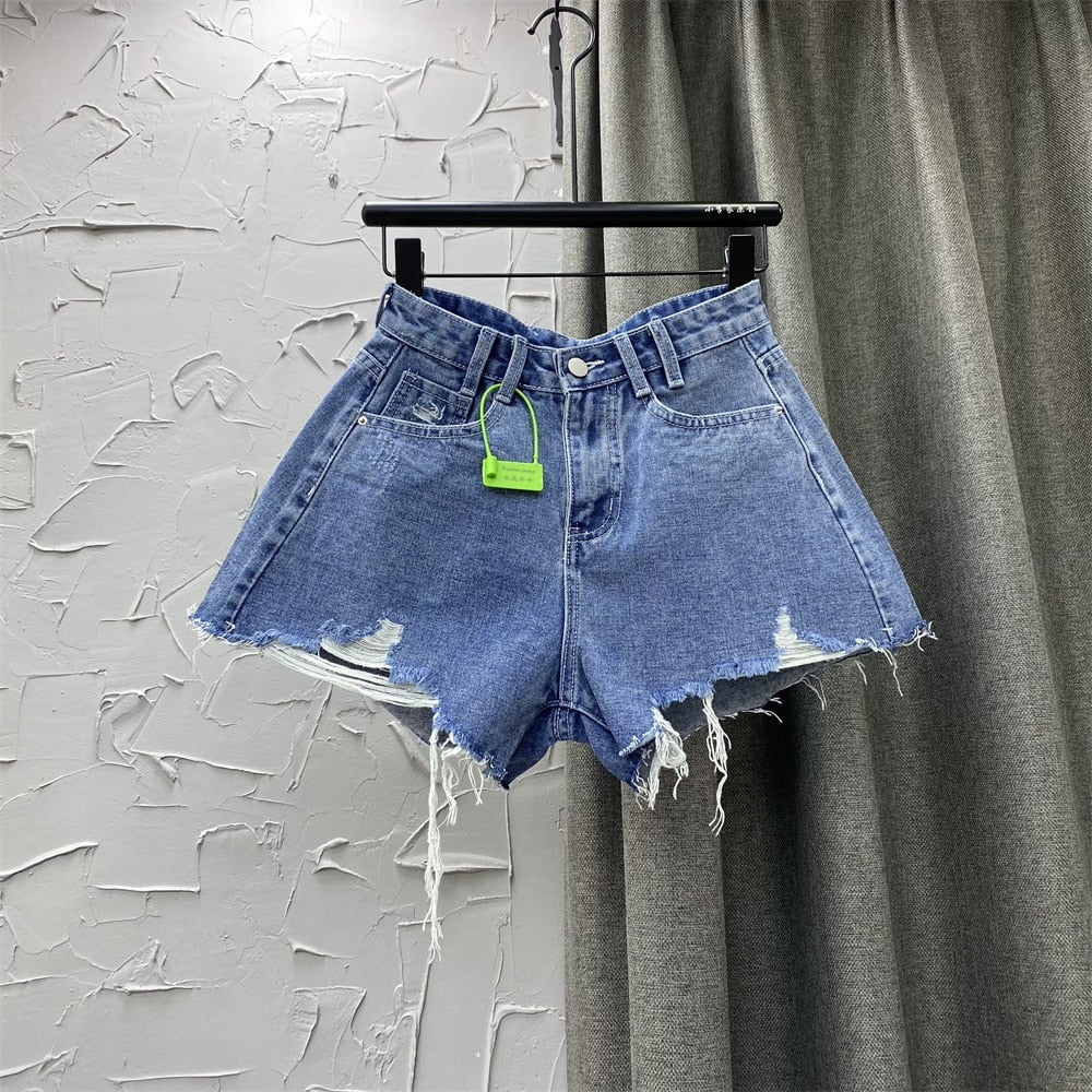 Denim Shorts High Waist Straight Solid Color Button Hollow Out Burr Short Jeans Spring 2023 New