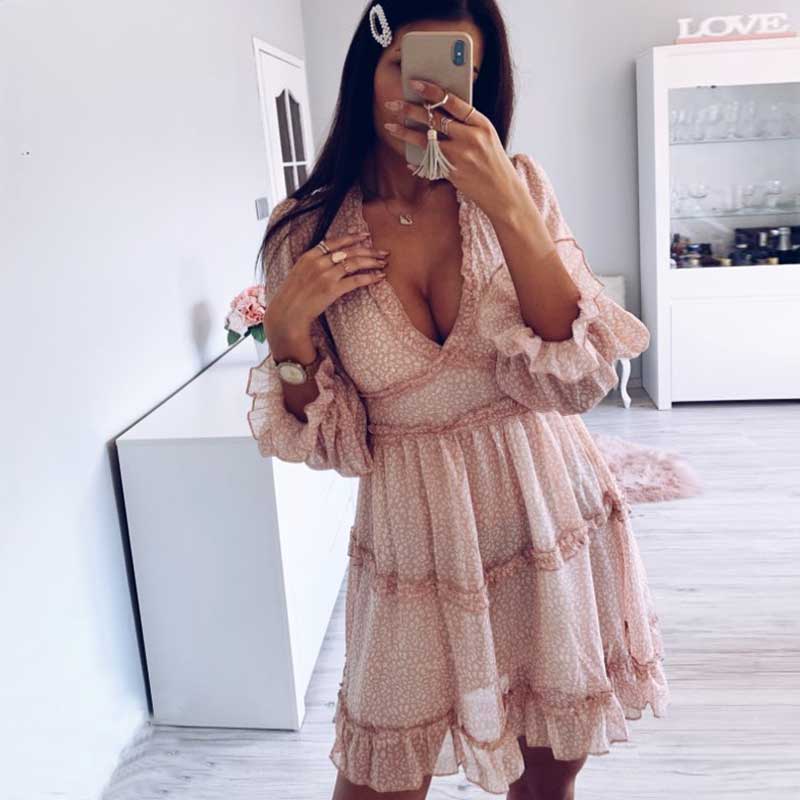 BOHO INSPIRED Harlow Floral Print Ruffle Dress women backless V-neck dress women mini summer dress