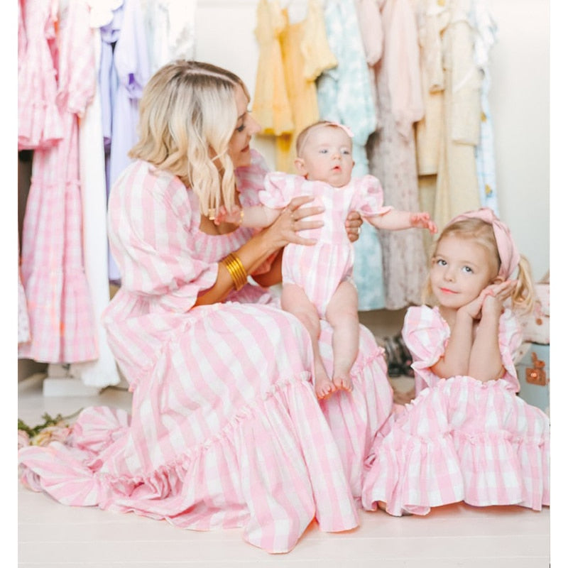 Mother Daughter Matching Dresses Family Look Mommy and Me Clothes Outfits Lantern Sleeve Women Girls Pricess Dress