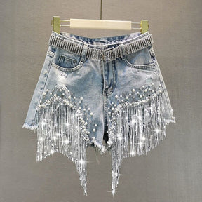 New Elegant Shorts Lady Tassel Beading High Waist Wide Leg Denim Shorts Female Casual Solid Shorts