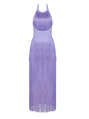 Sexy Sleeveless O Neck Tassel Midi Bodycon Bandage Dress Summer Orange Black Purple Backless Bandage Dress Evening Party Dress