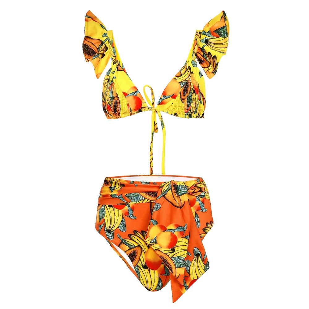 New Sexy High Waist Bikini Sets Ruffle Swimwear Women Swimsuit Print Floral Dots V-neck Beach Wear Bathing Suits biquini