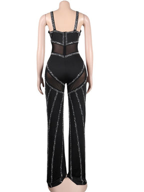 Sexy Black Crystal Mesh Patchwork Long Pant Jumpsuit Women Strap Deep V Neck See Throught Rompers Clubwear Outfits