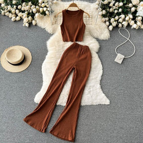 Women Two Pieces Set Sexy Sleeveless Tank Top Vintage Top and High Waist Wide Leg Pants Fashion Sets Casual Summer Femme Clothes