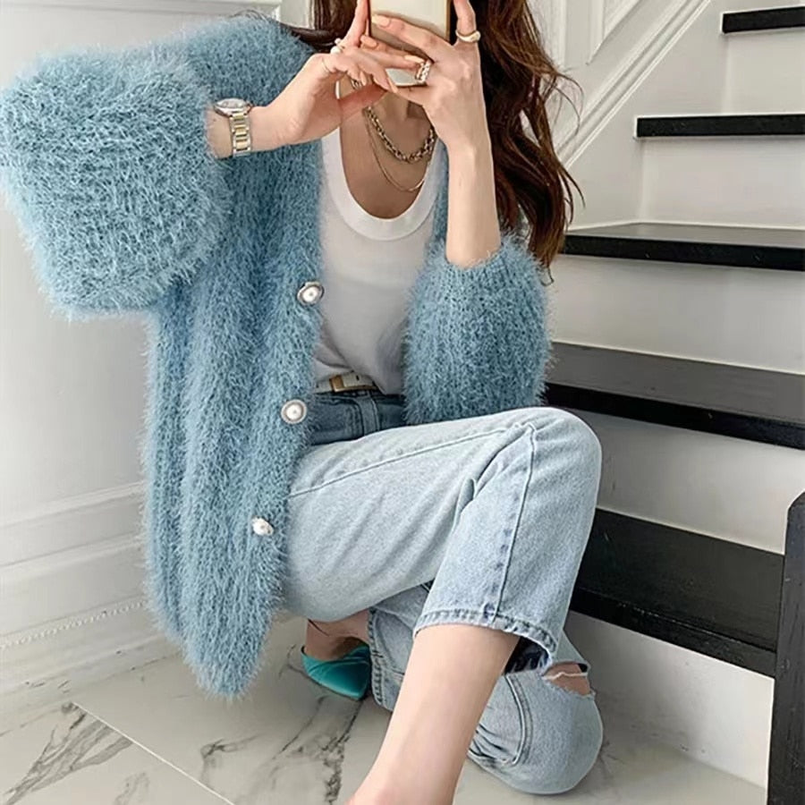 Elegant Autumn Winter V Neck Knitted Mohair Cardigan Swater Coat Fashion Chic Women Pearl Single Breasted Soft Thick Loose Coat