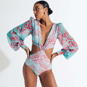 Vintage Bathing Suit long Sleeves One-piece Swimsuit Sexy Lacing Up Bikini Set Hollow Out Women Holiday Beachwear Summer 2022