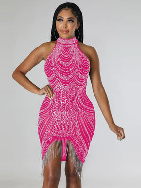 Sexy Glitter Rhinestone Crystal Tassel Hem Mini Dress Summer Women Off The Shoulder Bodycon Night Clubwear Dress