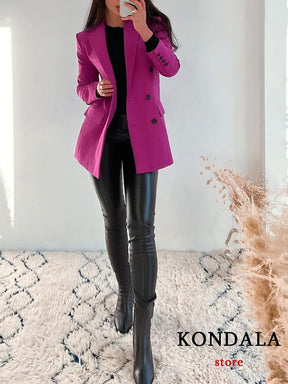 KONDALA 2022 Office Lady Solid Purple Long Blazer Women Long Sleeve Double Breasted V Neck Vintage Jackets Female Bussiness