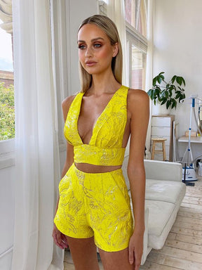 Sexy V Neck Sleeveless Top + Short Pants Two Piece Set Women Elegant Backless Top Sequin Slim Pants Suit Party Club Evening Set