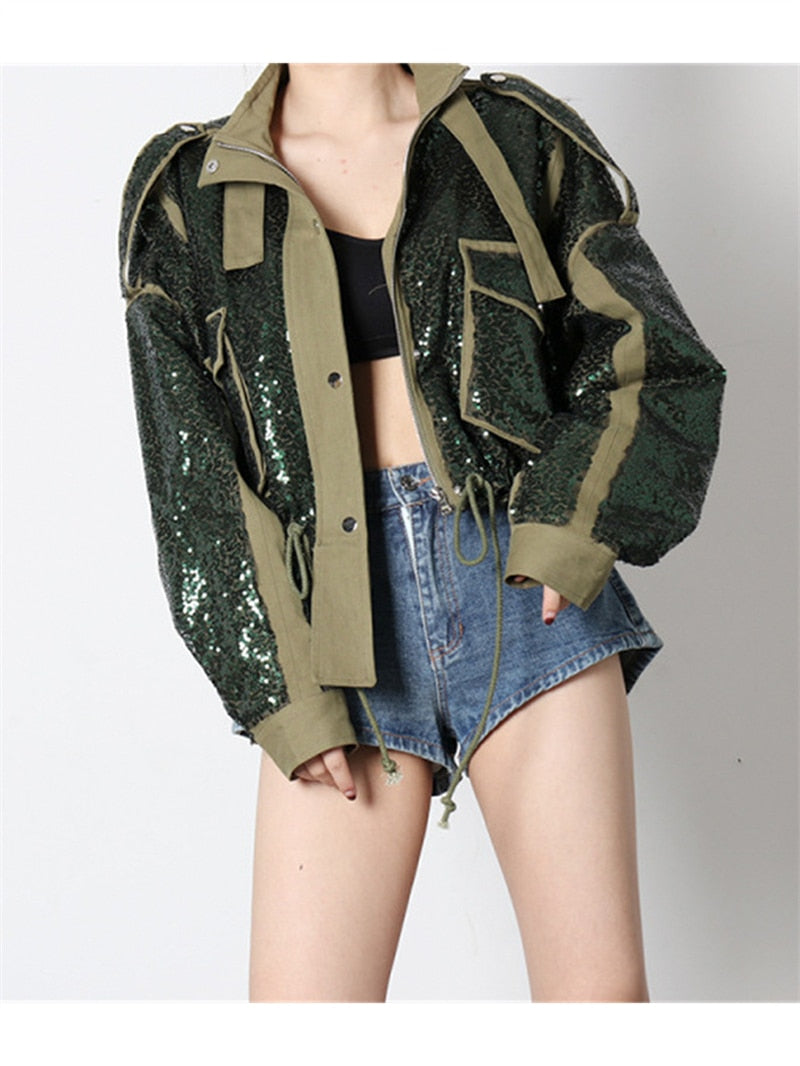 Green Sequined Jacket Ladies Autumn Women's Sequin Coat Jacket Long Sleeve Wear Top Loose Casual Jacket High Quality