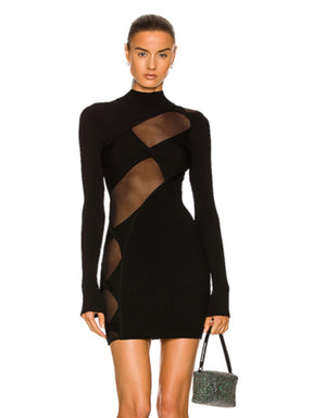 Sexy Long Sleeve Mesh Patchwork Bodycon Bandage Mini Dress Women Black Hollow Party Mini Dress Evening Birthday Club Dress 2022