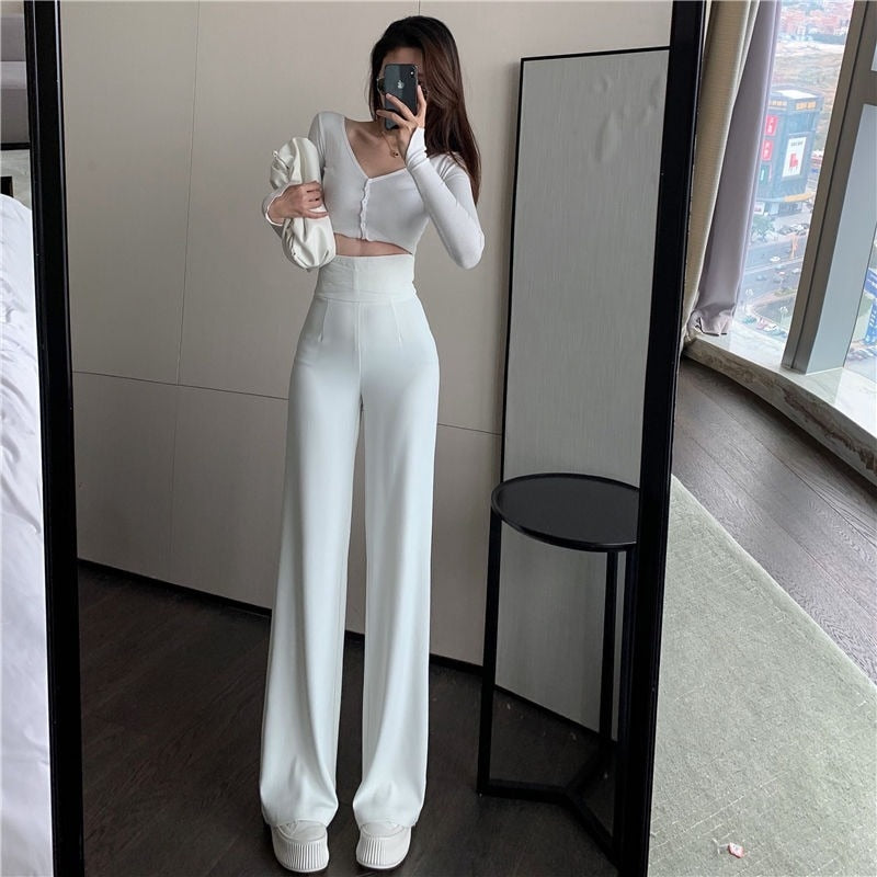 Suit Pants 2022 Sexy Straight Trousers Womens Fluid Black Ice Silk High Waist Style Fashion Elegant Casual