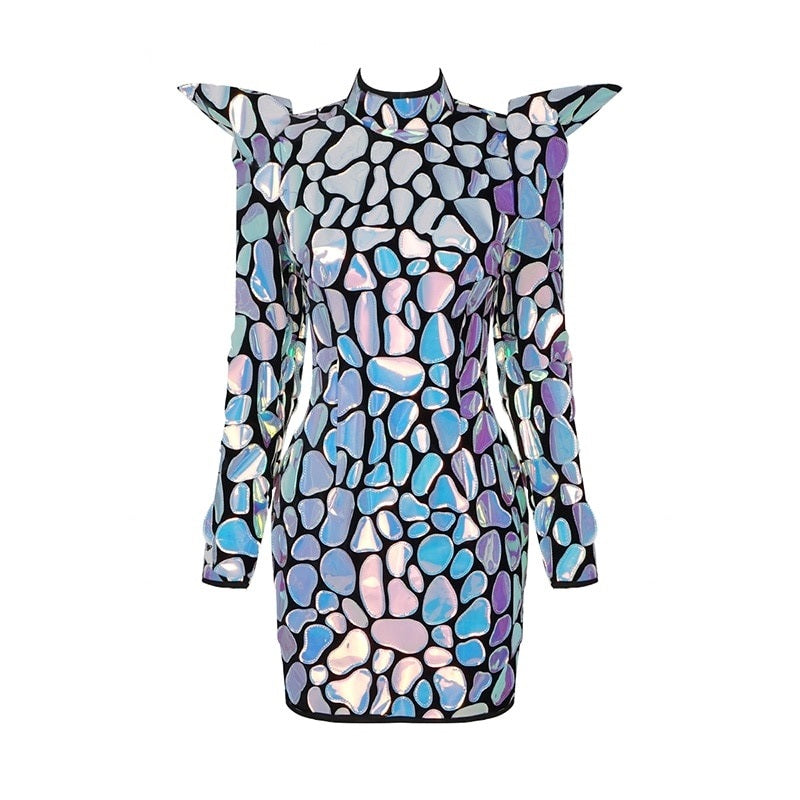 Chic Laser Sequins Design Mini Dress Stand Collar Long Sleeves Celebrity Party Club Vestido