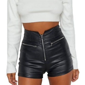 Sexy Skinny Black Casual Summer Shorts Women Clothing Goth Faux Leather High Waisted Ladies Zipper