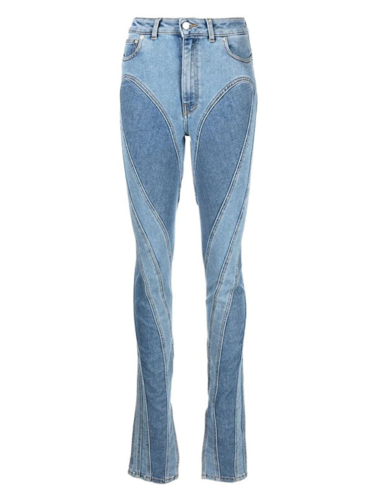 DEAT Fashion jeans Slim Deconstruct Panelled Patchwork High Waist Split Blue Long Denim Pants Autumn