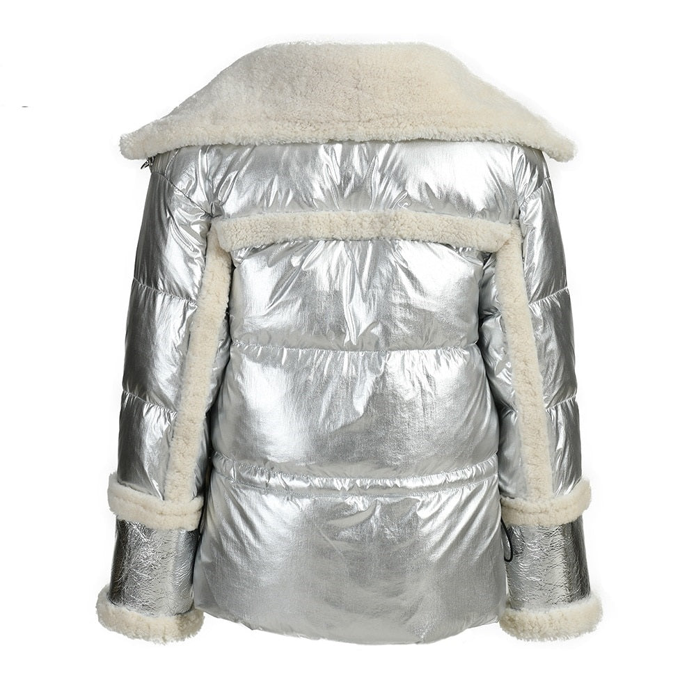 Down Jacket Female Winter Women Real Lamb Fur Coats Fashion Bright Silver Leather Jackets Super Warm Full Sleeves