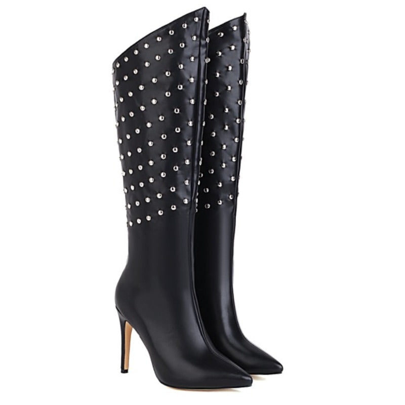 Knee high Riveted Women Boots Fine Heel Rhinestone Frosted/Leather Boots