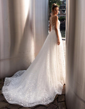 Elegant Wedding Dresses  For Women Custom Made Sexy V Neck Lace 3D Flower Boho Bridal Gowns Gillter Tulle Robe De Mariee