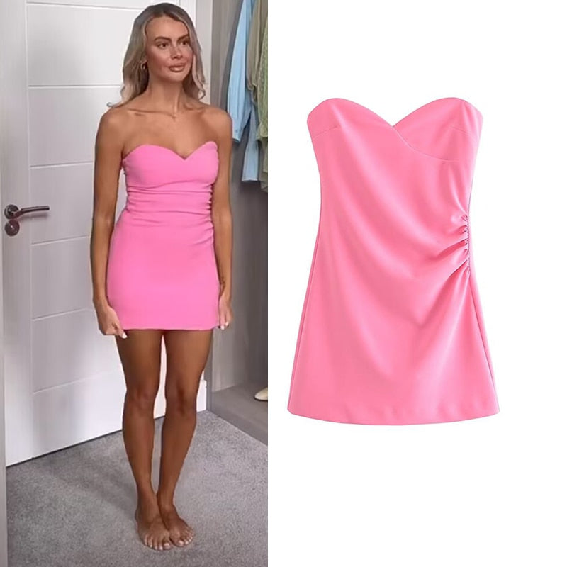 summer pink dressTight Tube Top Elegant Mini Dress Party Simple Youth Dress Street