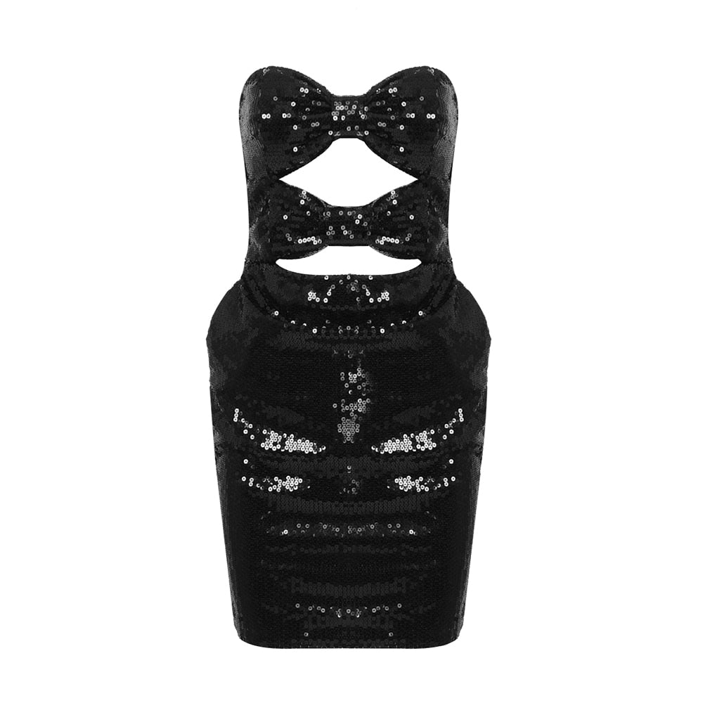 Black Sequins Dress Woman Sexy Bow Design Hollow Out Sleeveless Strapless Party Club Wear Cocktail Mini Dress Vestidos