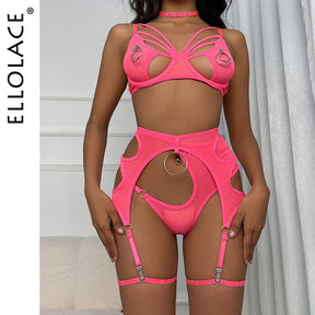 Ellolace Sexy Lingerie Cut Out Bra Erotic Brief Sets 4-Pieces Sensual Fancy Underwear Garters G-Strings Thongs Lace Exotic Set