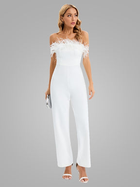 Sexy Off Shoulder Feather Slim Design Jumpsuit Fall Elegant White Tube Top White Feather Decoration Sleeveless Straight Trousers