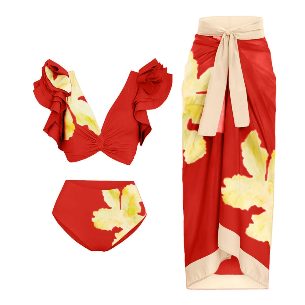 Red Printed V-Neck Gathered Ruffled Swimsuit Split High Waist Cut Sexy Bikini Slim Hollow Fashion Women Lace Up Beach Skirt