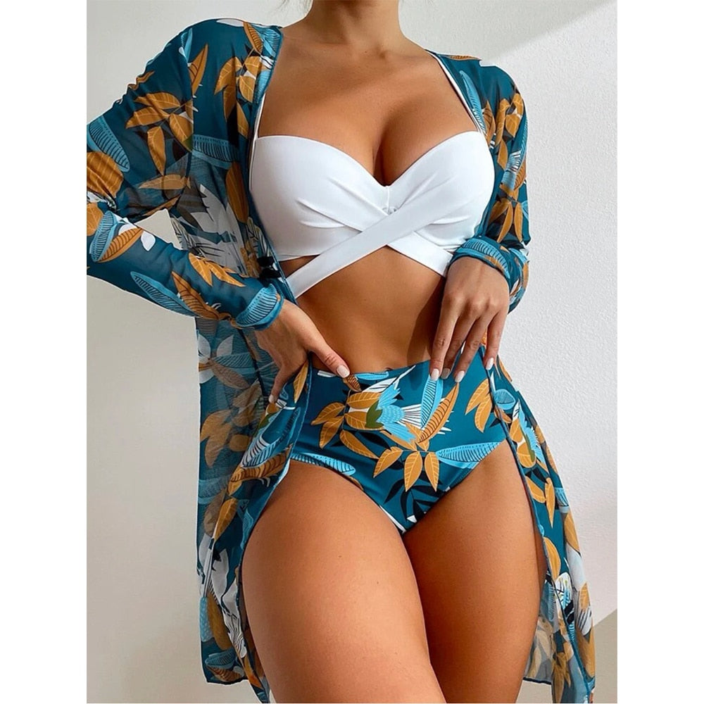 Sexy Bikinis And Cover Set Women Swimsuit Printed Swimwear High Waist Summer Strappy Bathing Suit Beach Wear Biquini Female