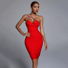 Women New Top Quality Sexy Sleeveless Bandage Dress V-Neck Irregular One Shoulder Rhinestone Decorated Mini Backless Lady