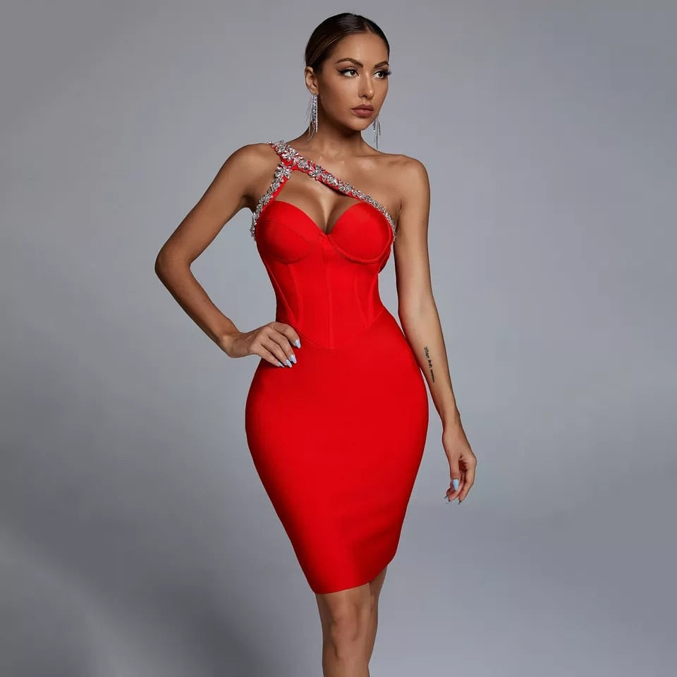 Women New Top Quality Sexy Sleeveless Bandage Dress V-Neck Irregular One Shoulder Rhinestone Decorated Mini Backless Lady