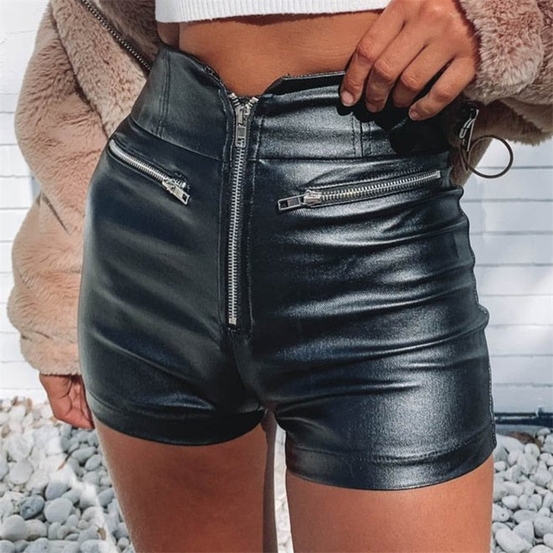 Sexy Skinny Black Casual Summer Shorts Women Clothing Goth Faux Leather High Waisted Ladies Zipper