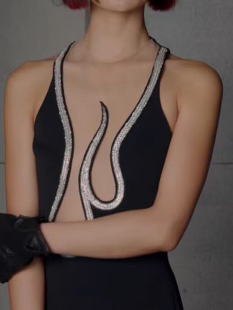 Crystal Design Mini Dress Women Sexy Sleeveless Mesh Splicing Bandage Black Dress New Trendy