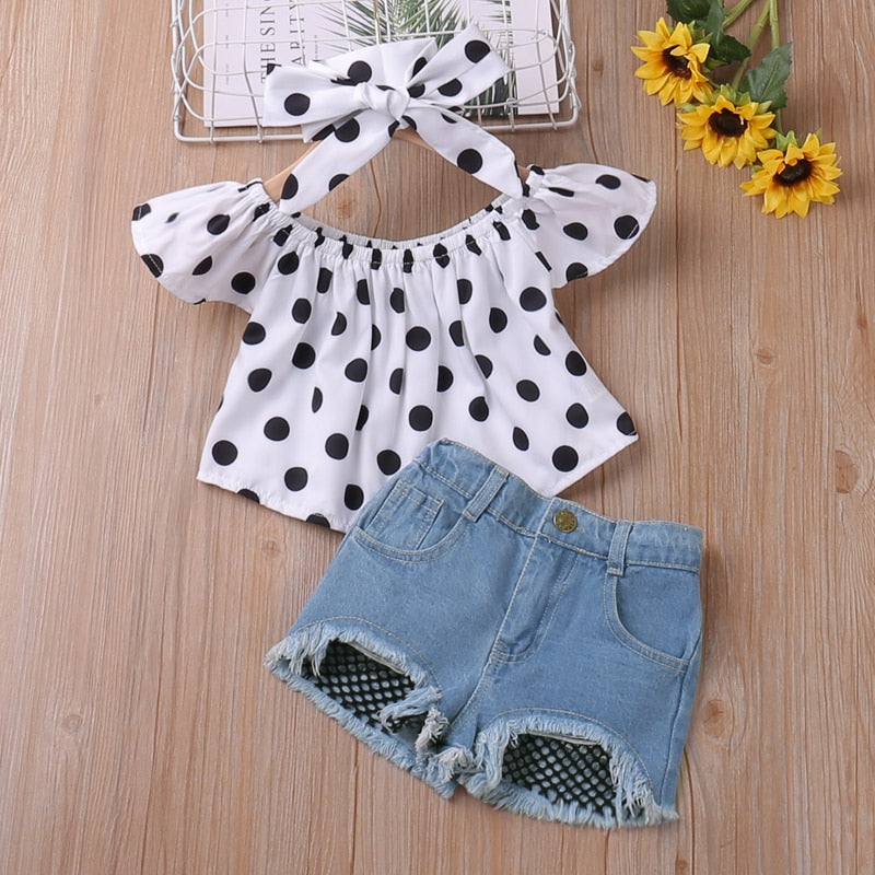 Polka Dot Girl Set Short-Sleeved Suit Top+Denim Shorts 2Pcs