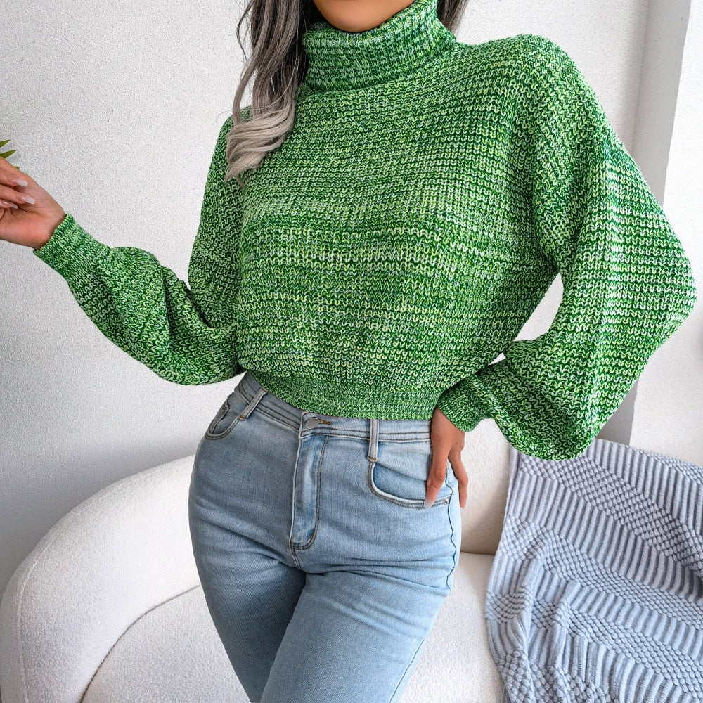 Women Fall Winter Mixed Color Lantern Long Sleeve Turtleneck Knit Loose All Match Sweater For Fashion