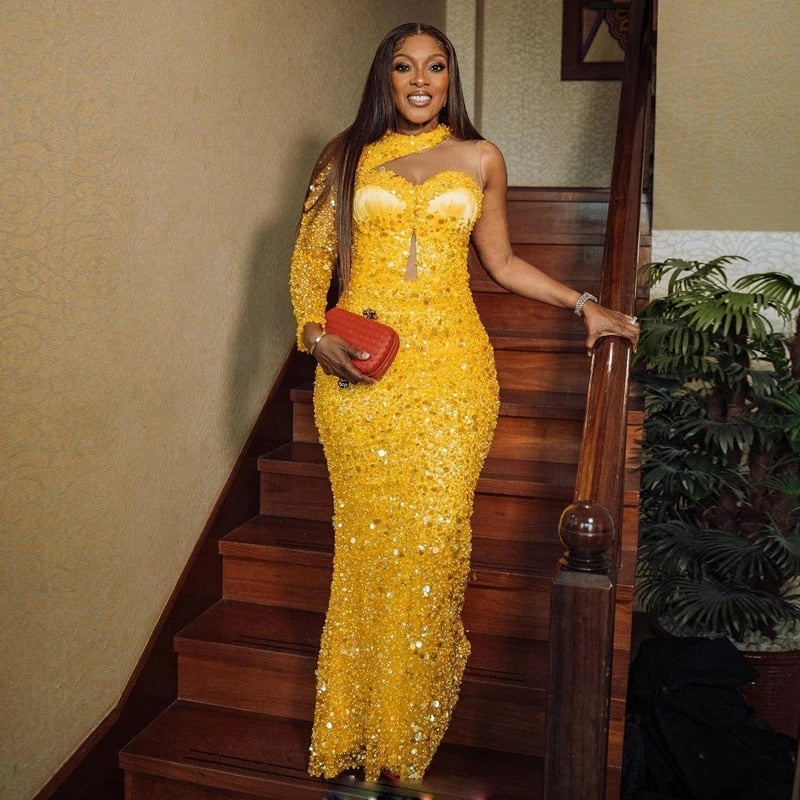 Charming Yellow Sequins Beads Evening Dresses Mermaid Designer Single Long Sleeves One Shoulder Women Formal Prom Gowns African