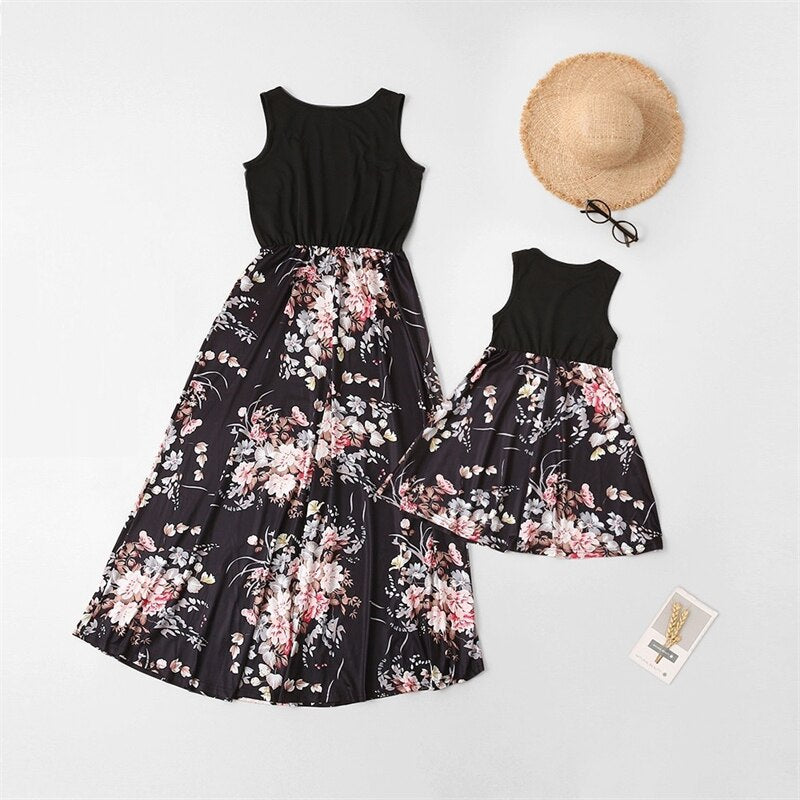 Flower Mommy and Me Clothes Family Set Sleeveless Mother Daughter Matching Vest Dresses Fashion Woman Girls Long Dress Outfits