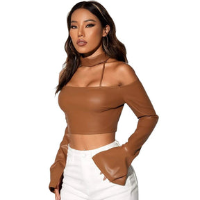 Women Sexy Faux Leather Choker Split Long Sleeve Slim Off Shoulder Short Crop Tops T Shirt Female Clothing Streetwear