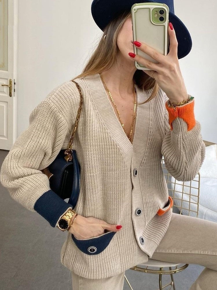 Women’s Knit Cardigans Female V-neck Single-breasted Sweaters Casual Contrast Color Buttons Pockets Streetwear Clothing
