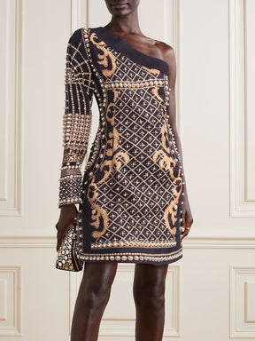 HIGH STREET Newest 2023 Fashion Stylish Designer Women's Single Sided Sleeve Luxurious Metallic Beaded Dress