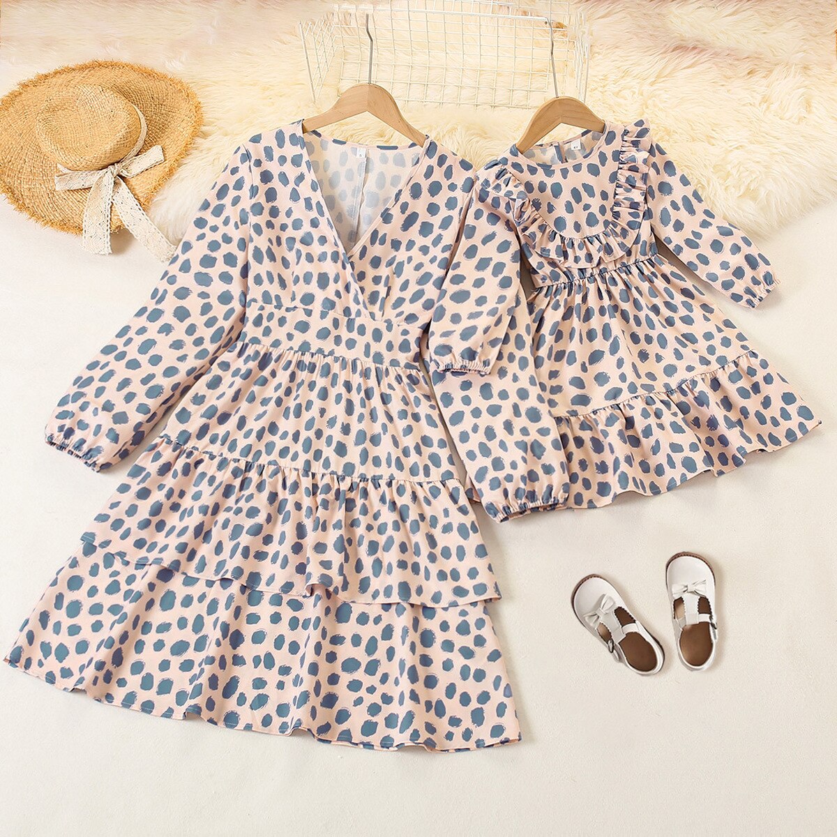 Polka Dot Mother Daughter Dress Mommy and Me Clothes Matching Family Outfits Long Sleeve Mother and Daughter Clothes Family Look