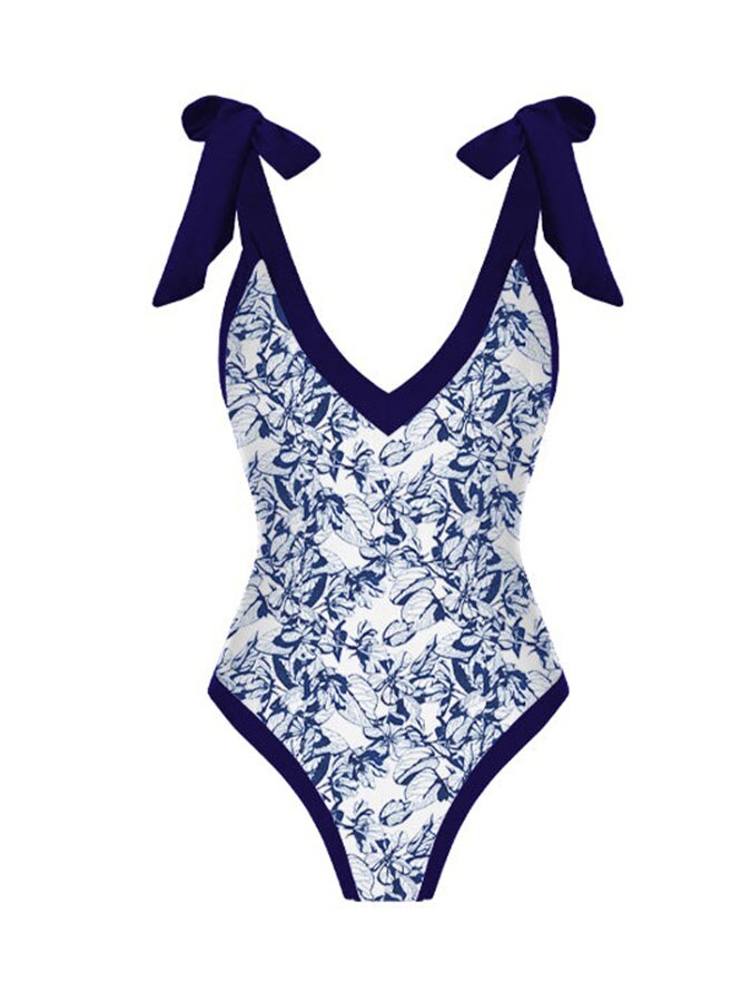 Women Bathing Suit Sexy V-neck Print Bikini Set One-piece Swimsuit with Skirt Summer Beachwear Lacing Up Backless Surf Wear