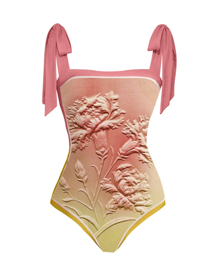 Vintage Floral Design Gradient Swimsuit Set Bow Tie Square Neck Slim Bikini High Waist One Piece Swimwear Summer