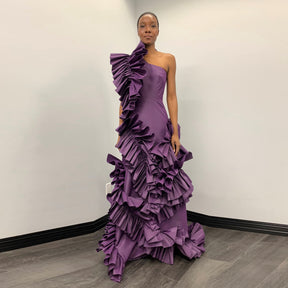 Stunning Dark Purple Tiered Ruffles Mermaid Evening Dresses One Shoulder Ruched Long African Prom Gowns Formal Party Dress